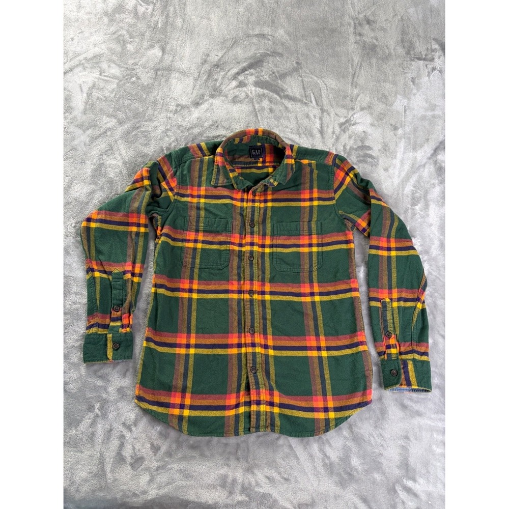 Gap Standard Fit Plaid Shirt Mens S Green Orange Long Sleeve Button Up